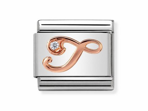 Nomination 430310 20 Buchstabe Composable Classic T aus zwei Metallen mit schimmerndem rosa Element und einem kleinen Zirkon, ideal als Schmuckstück für persönliche Armbänder.