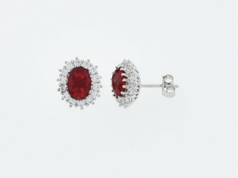 Silber Ohrringe oval mit Zirkonia rot, ein echter Blickfang. Hergestellt von Juwelier Harnisch, Stecker-Design, ideal für besondere Anlässe.