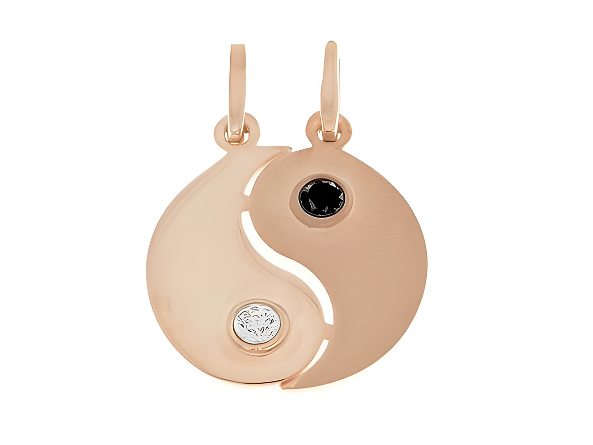 Yin Yang Partner Anhänger aus silber rosé vergoldetem Material mit Zirkonia, einseitig mit schwarzem und einseitig mit klarem Stein, von Juwelier Harnisch, symbolisiert Glück und Harmonie.