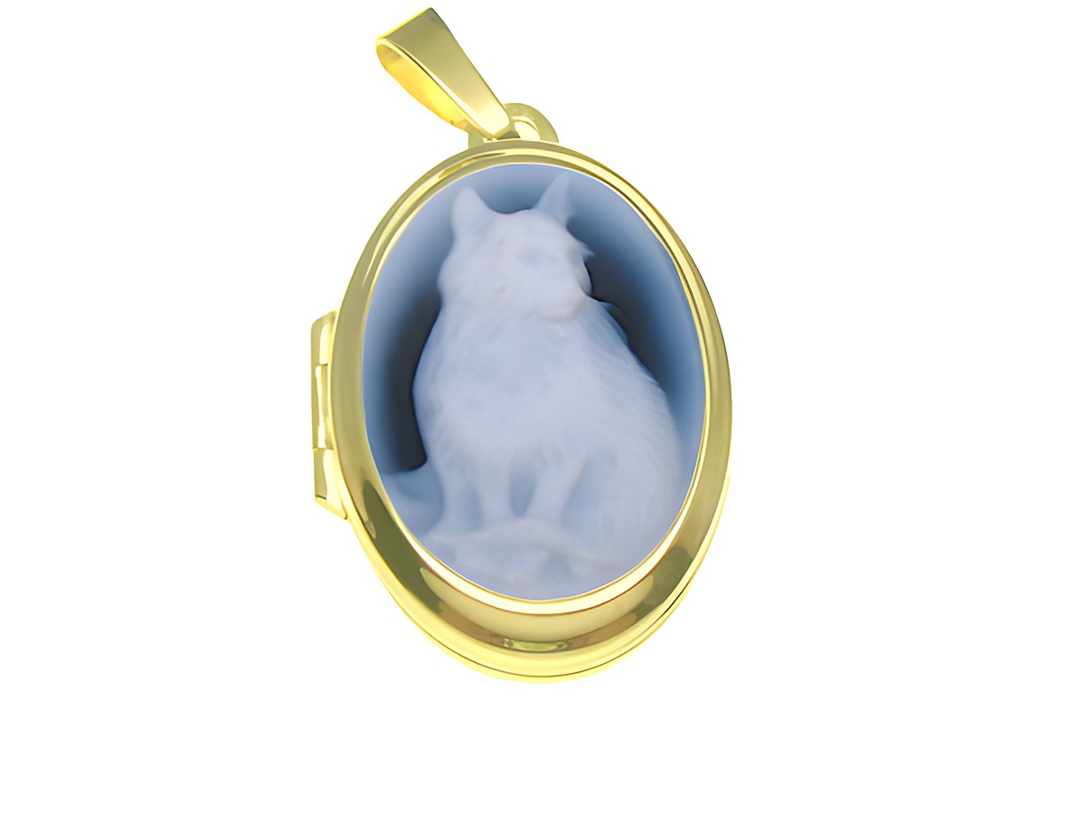 Katze Achat Gemme Medaillon aus Gold 585, hergestellt von Juwelier Harnisch, zeigt eine filigrane Darstellung einer Katze in einem ovalen Rahmen.