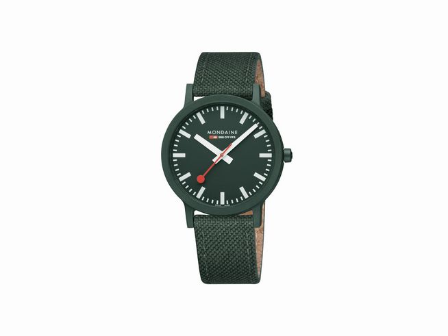 Mondaine Essence MS1.41160.LF Armbanduhr in 41 mm mit schwarzem Zifferblatt und rotem Sekundenzeiger, schwarzem Gehäuse und grünem Textilarmband, zeitloses Design.