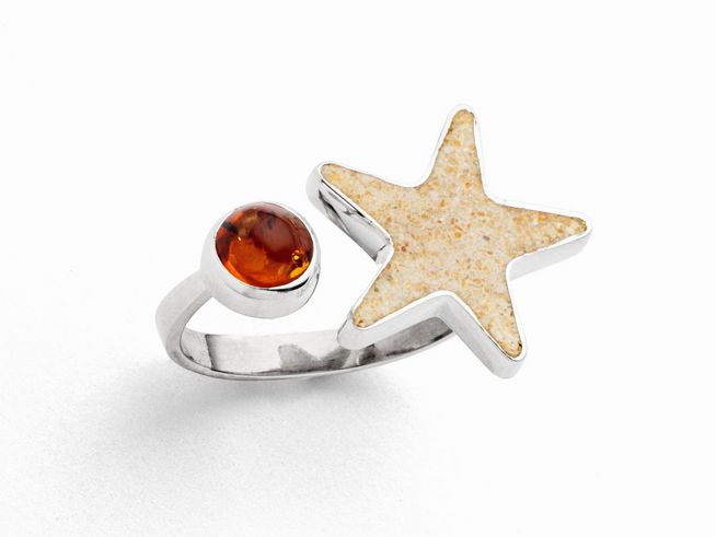 Sterling Silber Ring mit rhodiniertem Finish, gestaltet in Form eines Sandseesterns mit Bernstein und Strandsand, Größe 54, Hersteller DUR.