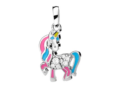 Einhorn Anhänger mit bunten Lackdetails in Pink und Blau, verziert mit weißen Zirkonia, aus Silber rhodiniert, Hersteller Juwelier Harnisch, für tierliebende Schmuckliebhaber.