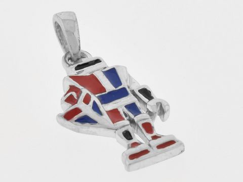 Silber Anhänger in Form eines Ritters, rhodiniert mit roten und blauen Lackakzenten, originell designt für Kinder, Hersteller Juwelier Harnisch.