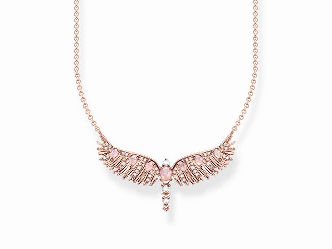 Kette mit Anhänger in Form von Phönixflügeln aus vergoldetem Roségold und Sterling Silber, verziert mit pinkfarbenen Steinen, elegant und stilvoll, Hersteller Thomas Sabo.