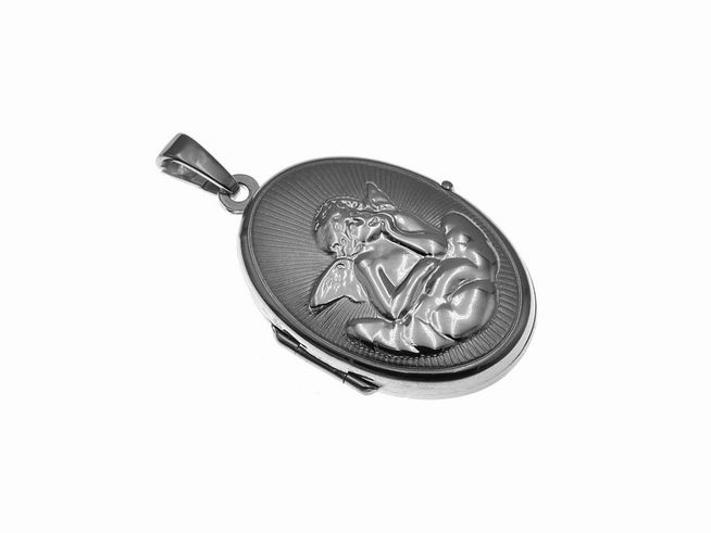 Medaillon aus rhodiniertem Sterling Silber in ovaler Form, mit einem kunstvoll gestalteten Engelmotiv, hergestellt von Juwelier Harnisch.