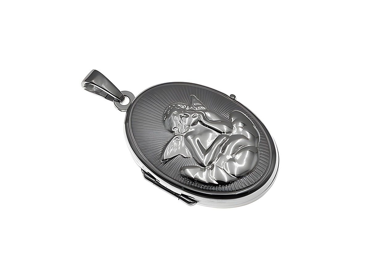 Medaillon aus rhodiniertem Sterling Silber in ovaler Form, mit einem kunstvoll gestalteten Engelmotiv, hergestellt von Juwelier Harnisch.