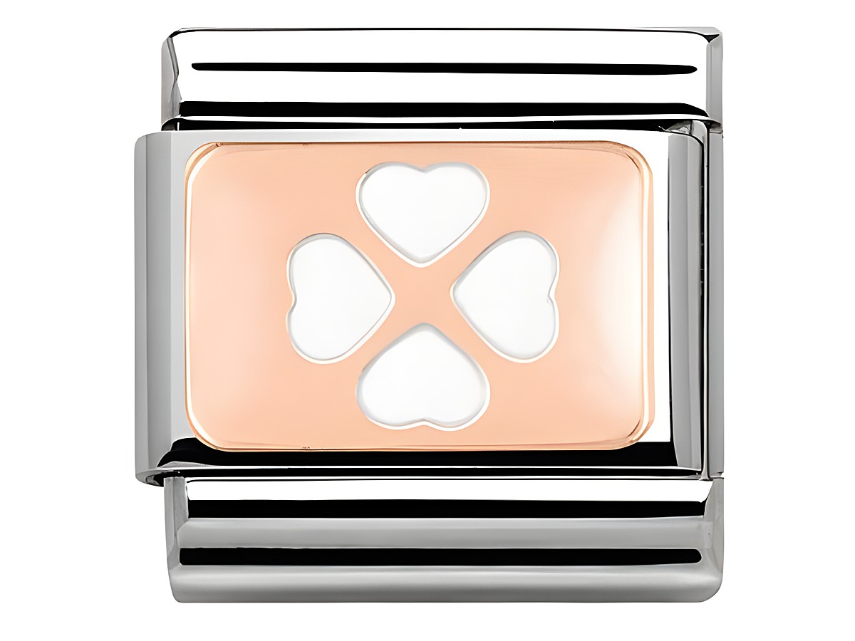 Edelstahl und Roségold Classic Platte mit Glücksklee in Weiß und drei Herzen auf der Oberfläche, hergestellt von Nomination, ideal für Schmuckliebhaber.