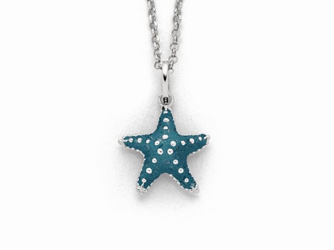 Eine elegante Sterling Silber Kette mit einem stilvollen Seestern-Anhänger in blauem Steinsand, mit glitzernden Details, eignet sich perfekt für maritime Akzente.