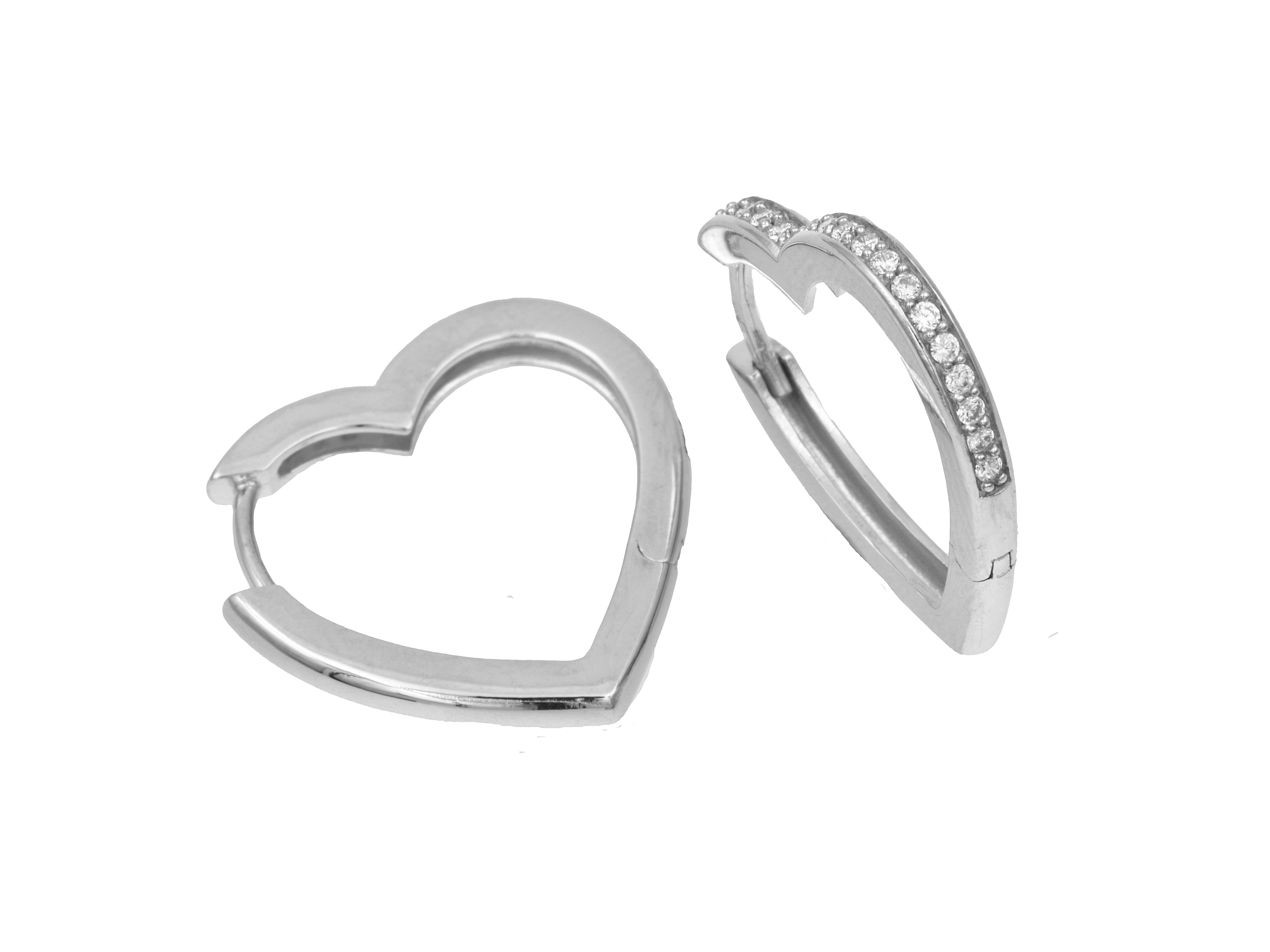 Ohrringe in Herzform aus rhodiniertem Sterling Silber mit Zirkonia, Creolen-Design, Größe 22 mm, von Juwelier Harnisch, neu und elegant, ideales Accessoire.
