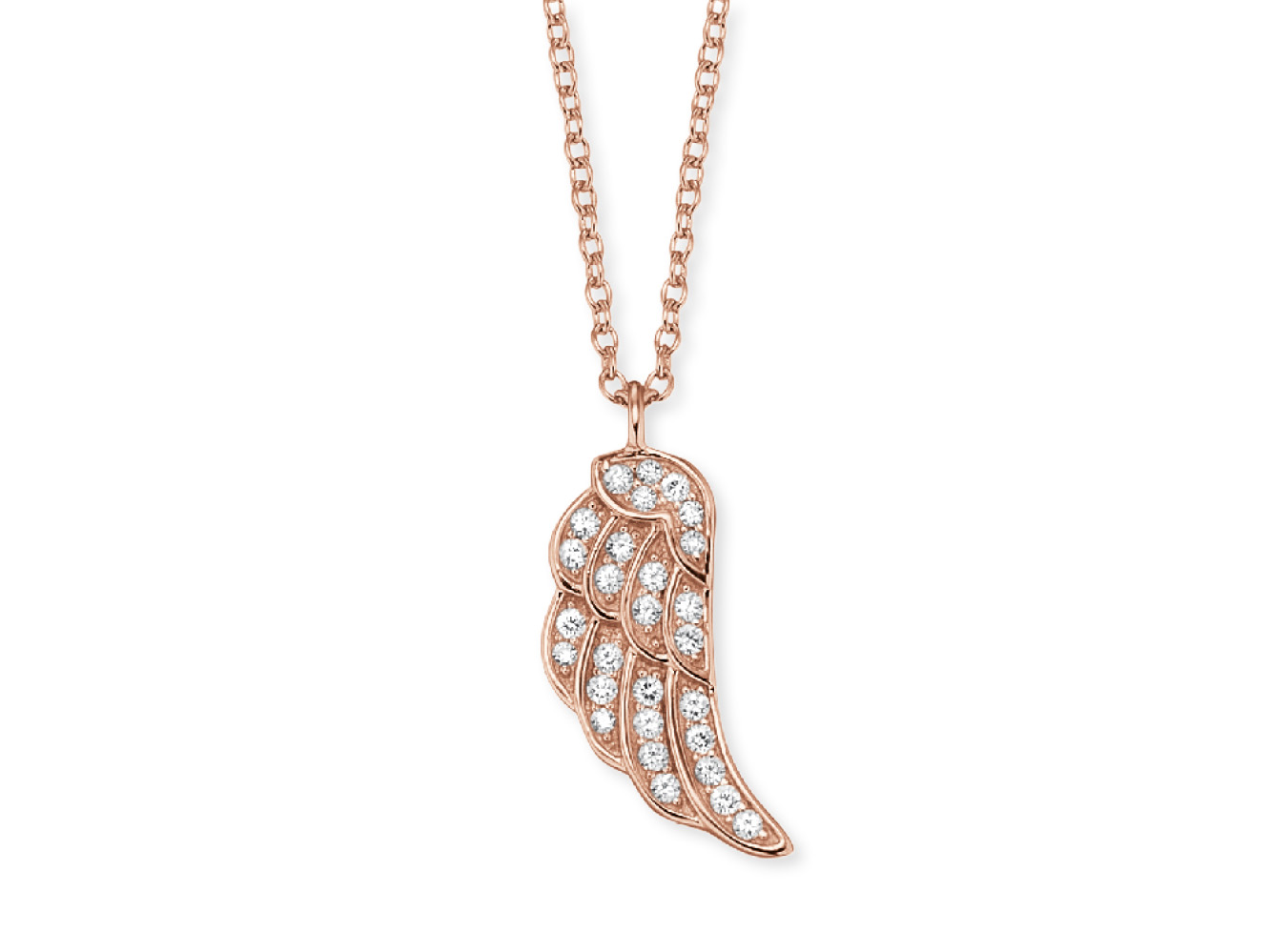 Eine filigrane Kette mit einem Anhänger in Form eines Flügels, versehen mit funkelnden Zirkonia, aus roségoldvergoldetem Silber. Die Kette hat eine Länge von 40 cm und stammt von der Marke Engelsrufer.