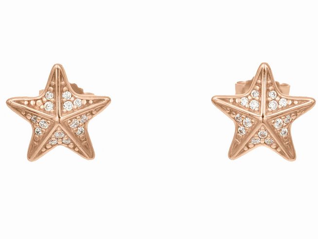 Ohrstecker in Form von Seesternen aus vergoldetem Sterling Silber in Roségold poliert mit weißen Zirkonia von Juwelier Harnisch. Eleganter Schmuck für verschiedene Anlässe.