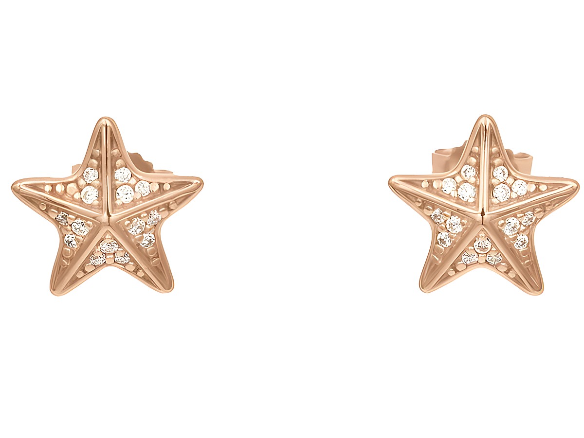 Ohrstecker in Form von Seesternen aus vergoldetem Sterling Silber in Roségold poliert mit weißen Zirkonia von Juwelier Harnisch. Eleganter Schmuck für verschiedene Anlässe.
