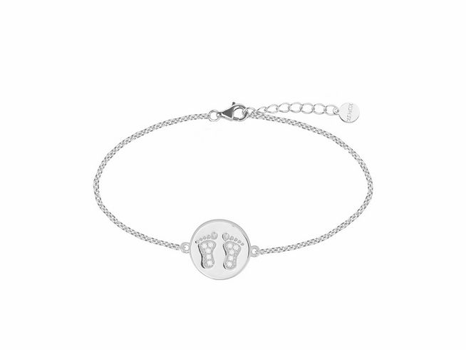 Xenox Sterling Silber Armband XS3490 mit einer Ankerkette und einem runden Anhänger, der Fußabdrücke zeigt, verstellbar von 15 bis 18,5 cm, Teil der LUCKY ONES Kollektion.