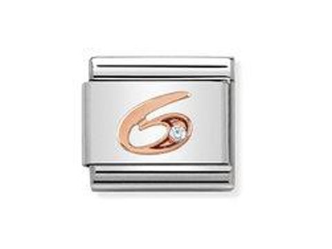 Charm mit der Zahl sechs aus Edelstahl und roségoldenem Detail, verziert mit einem kleinen Stein, geeignet für Nomination Composable Classic Armbänder, Hersteller Nomination.