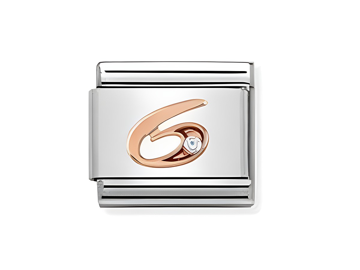 Charm mit der Zahl sechs aus Edelstahl und roségoldenem Detail, verziert mit einem kleinen Stein, geeignet für Nomination Composable Classic Armbänder, Hersteller Nomination.