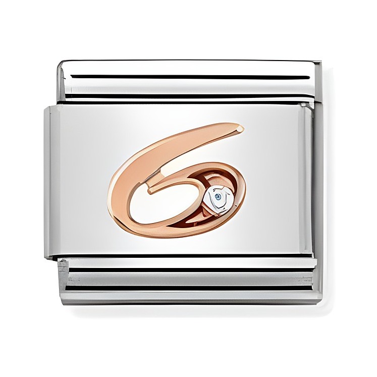 Charm mit der Zahl sechs aus Edelstahl und roségoldenem Detail, verziert mit einem kleinen Stein, geeignet für Nomination Composable Classic Armbänder, Hersteller Nomination.