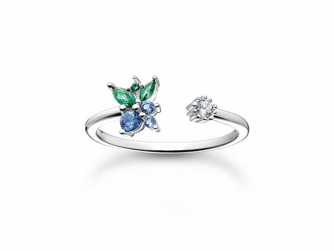 Thomas Sabo Ring TR2351-166-7-56 aus Sterling Silber mit bunten Glas-Keramik Steinen in Grün und Blau sowie Zirkonia, Größe 56. Elegantes Design für einen besonderen Look.