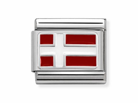 Composable Classic von Nomination mit der Flagge Dänemarks, dargestellt in roten und weißen Farben, auf einem silbernen Grund, ideal für Schmuckliebhaber und Flaggen-Fans.