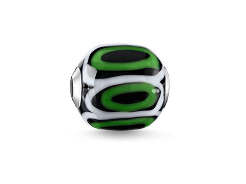 41609929-0 Glas-Bead von Thomas Sabo in Grün, Schwarz und Weiß mit einzigartigem Design. Hersteller: Thomas Sabo, Modell K0253-017-6, mit Stein und glänzender Oberfläche.