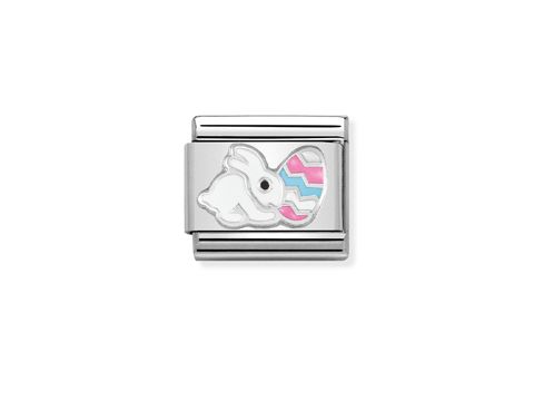 Edelstahlarmband mit einem bunten Motiv eines Osterhasen und eines dekorierten Eis, ideal für fröhliche Anlässe, von Nomination in der Ausführung Classic - Emaille - SilverShine.