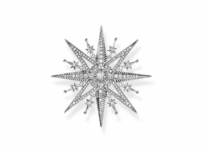 Brosche von Thomas Sabo in Form eines Sterns, aus geschwärztem Sterling Silber und Edelstahl, mit Zirkonia besetzt, funkelnd und detailreich gestaltet, ideal für elegante Akzente.