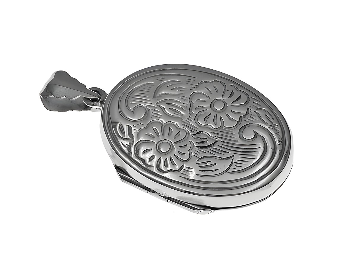 Medaillon aus Sterling Silber mit nostalgischem Design, ovaler Form und zwei kunstvoll gravierten Blüten. Hergestellt von Juwelier Harnisch. Ideal für besondere Erinnerungen.