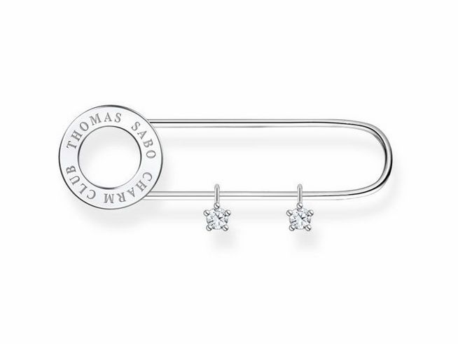 Thomas Sabo Brosche X0279-225-14 aus Sterling Silber und Edelstahl mit zwei weißen Zirkonia-Steinen und einem kreisförmigen Anhänger mit Gravur. Elegant und modern gestaltet.