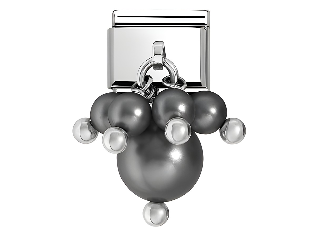 Charm von Nomination mit schwarzen und silbernen Perlen, die an einem glänzenden Silberanhänger befestigt sind, ideal für die individuelle Gestaltung von Armbändern.
