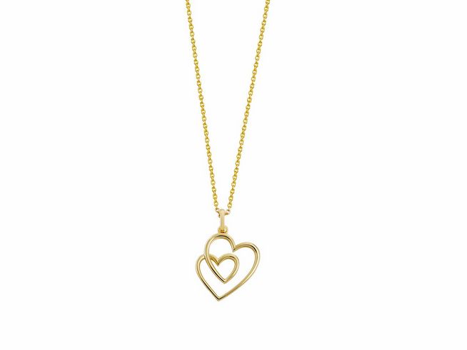 Xenox Sterling Silber Kette XS3601G in Gelbgold Vergoldung mit einer Karreekette, Anhänger in Herzform mit zwei ineinanderliegenden Herzen, Länge 40-45 cm, aus der LOVE STORY Kollektion.