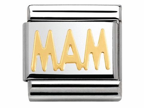 Silberner Nomination Classic BICOLOR Schriftzug mit der Aufschrift MAM in goldener Schrift, ideal für personalisierte Armbänder und als Geschenk für Mütter.