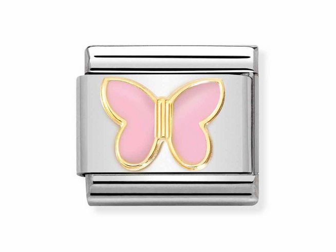 Edelstahlarmband mit emailliertem rosa Schmetterling, umrahmt von gold 750, aus der Kollektion Classic Symbole von Nomination. Elegantes und modernes Design.