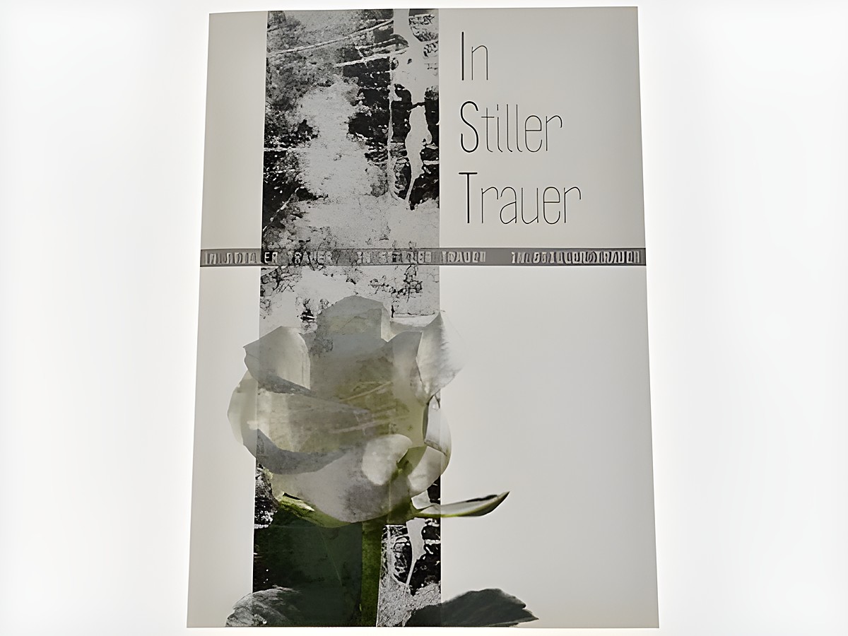 Eine Trauerkarte mit einer weißen Rose auf einem dekorativen Hintergrund, versehen mit dem Text "In Stiller Trauer". Sie stammt von Juwelier Harnisch und ist für Traueranlässe geeignet.