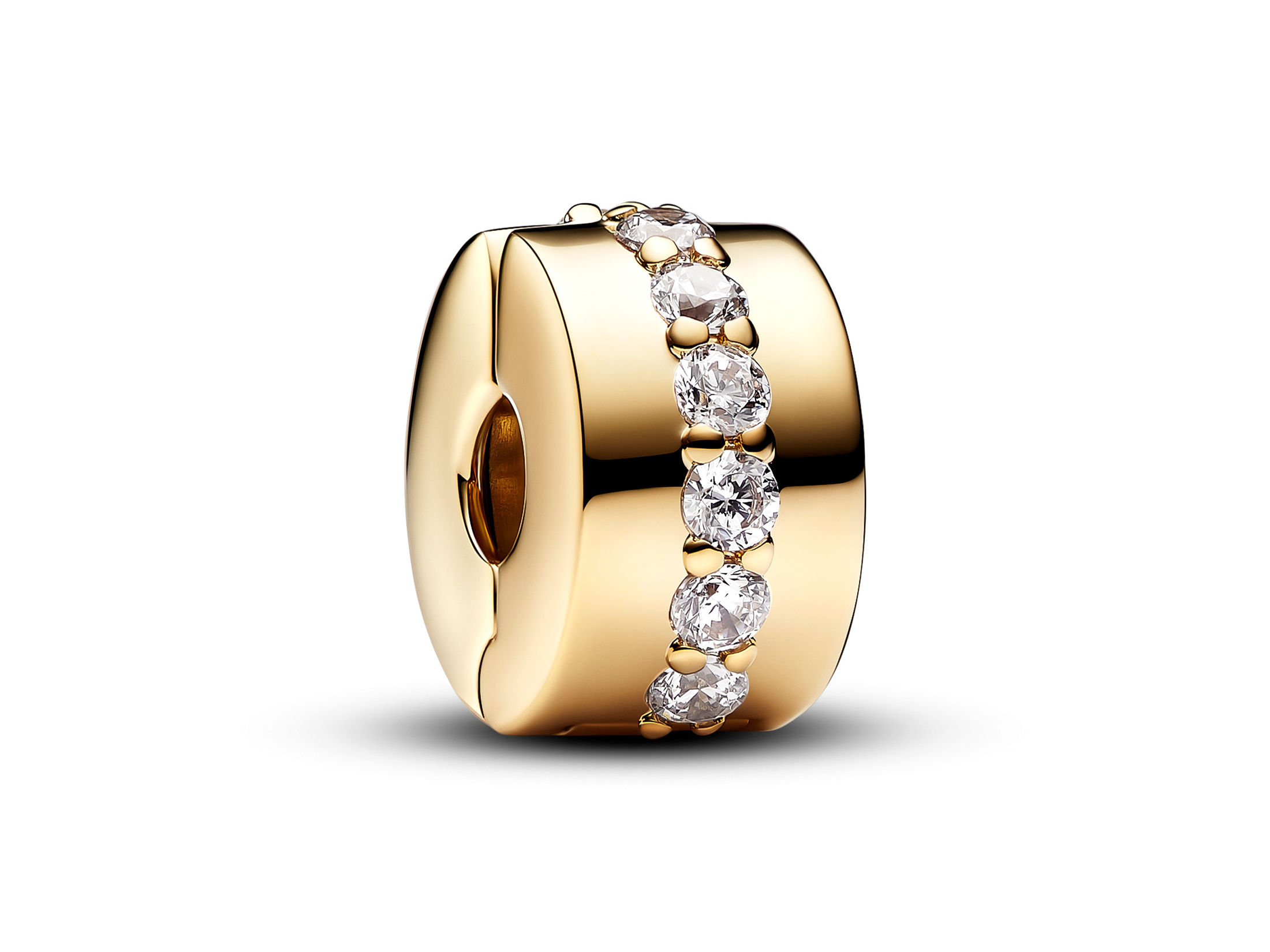 Pandora 761972C01 Linie CLIP-Stopper - Gelbgold vergoldet - Zirkonia Ein eleganter Clip-Stopp für Armbänder aus gelbgold vergoldetem Silber von Pandora, geschmückt mit Zirkonia-Steinen, die ihm einen funkelnden Akzent verleihen.