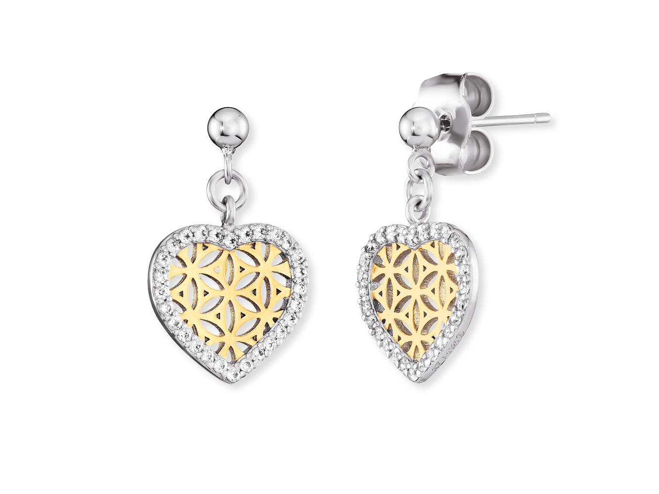 Silberne Herz Ohrstecker mit bicolor Design, verzierte mit Zirkonia-Steinen und filigranem Muster in Gold und Silber. Ideal für einen eleganten Look.