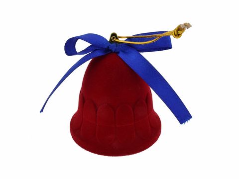 Eine rot samtige Glöckchenform mit blauer Schleife, 6 cm groß, ideal als Geschenkverpackung oder Weihnachtsschmuck, Hersteller Juwelier Harnisch, perfekt für die festliche Saison.