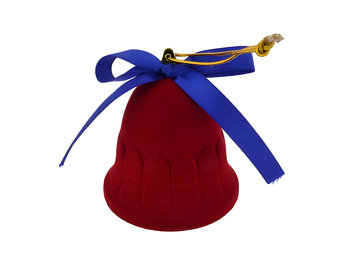 Eine rot samtige Glöckchenform mit blauer Schleife, 6 cm groß, ideal als Geschenkverpackung oder Weihnachtsschmuck, Hersteller Juwelier Harnisch, perfekt für die festliche Saison.