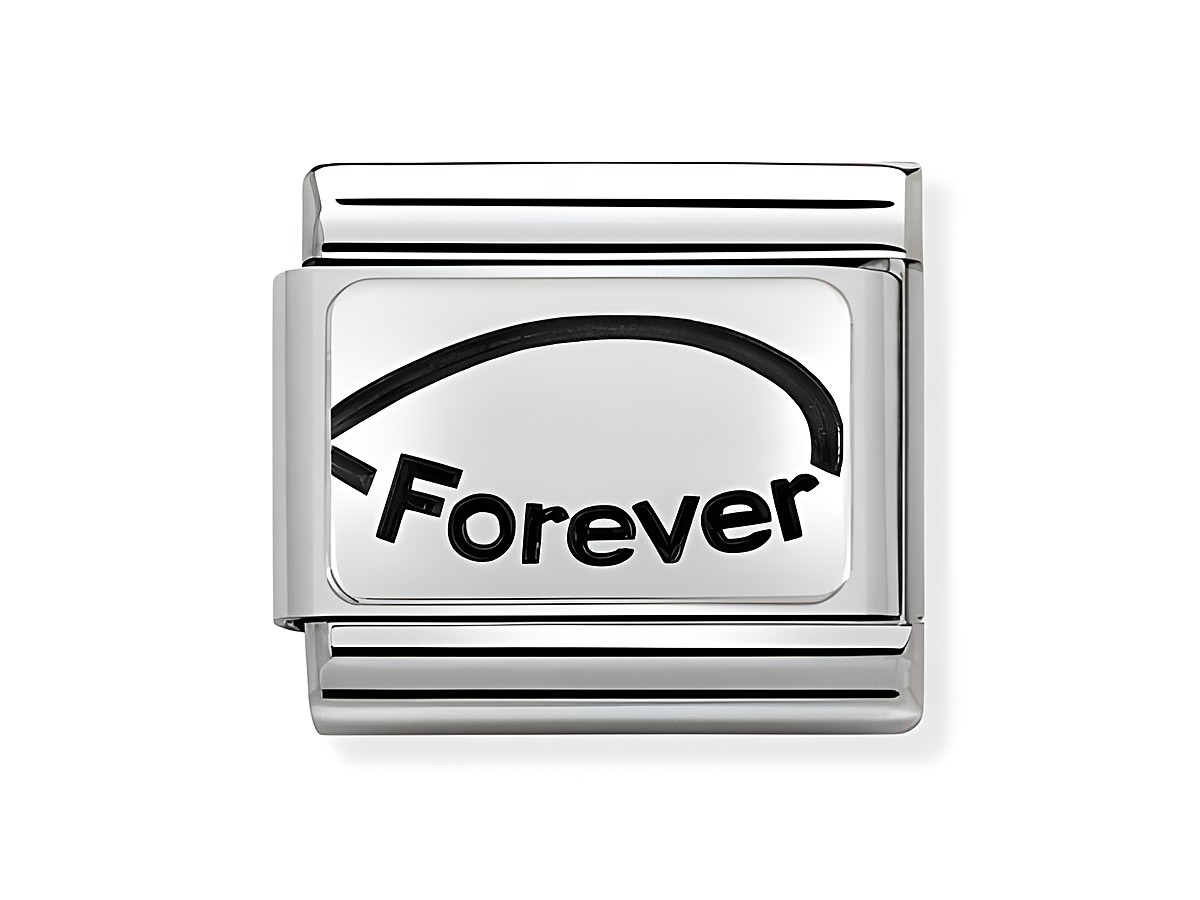 Oxidierte Plakette aus Edelstahl mit dem Schriftzug Forever in Schwarz, Teil der Nomination Composable Classic Kollektion, ideal für individuelle Armbänder in Silber.
