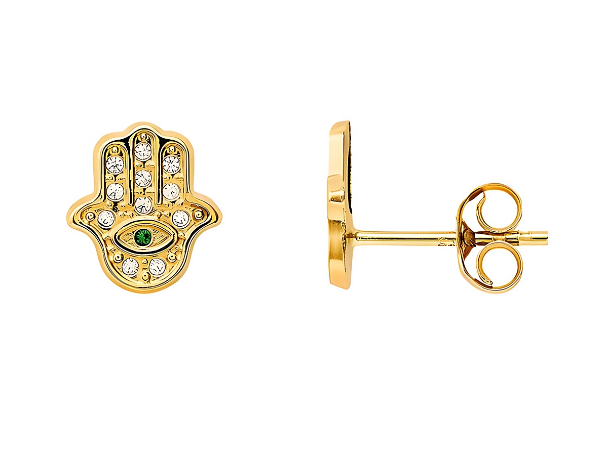 Gelbgold 585 Ohrstecker von Xenox im polierten Design, ausgeformt als Hand mit Glitzersteinen und einem grünen Akzent, idealer Echt Gold Ohrschmuck für besondere Anlässe.