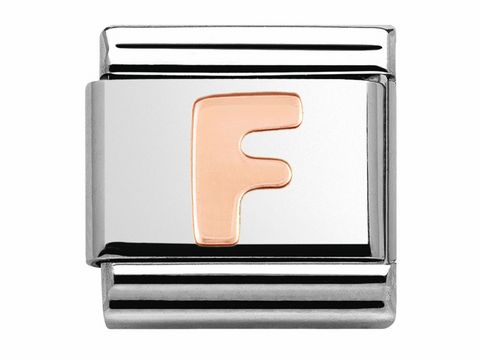 Nomination 430105 06 Classic F Roségold Buchstabe aus Edelstahl mit stilvollem roségoldenem F auf silberner Hintergrundplatte, ideal für personalisierte Armbänder.