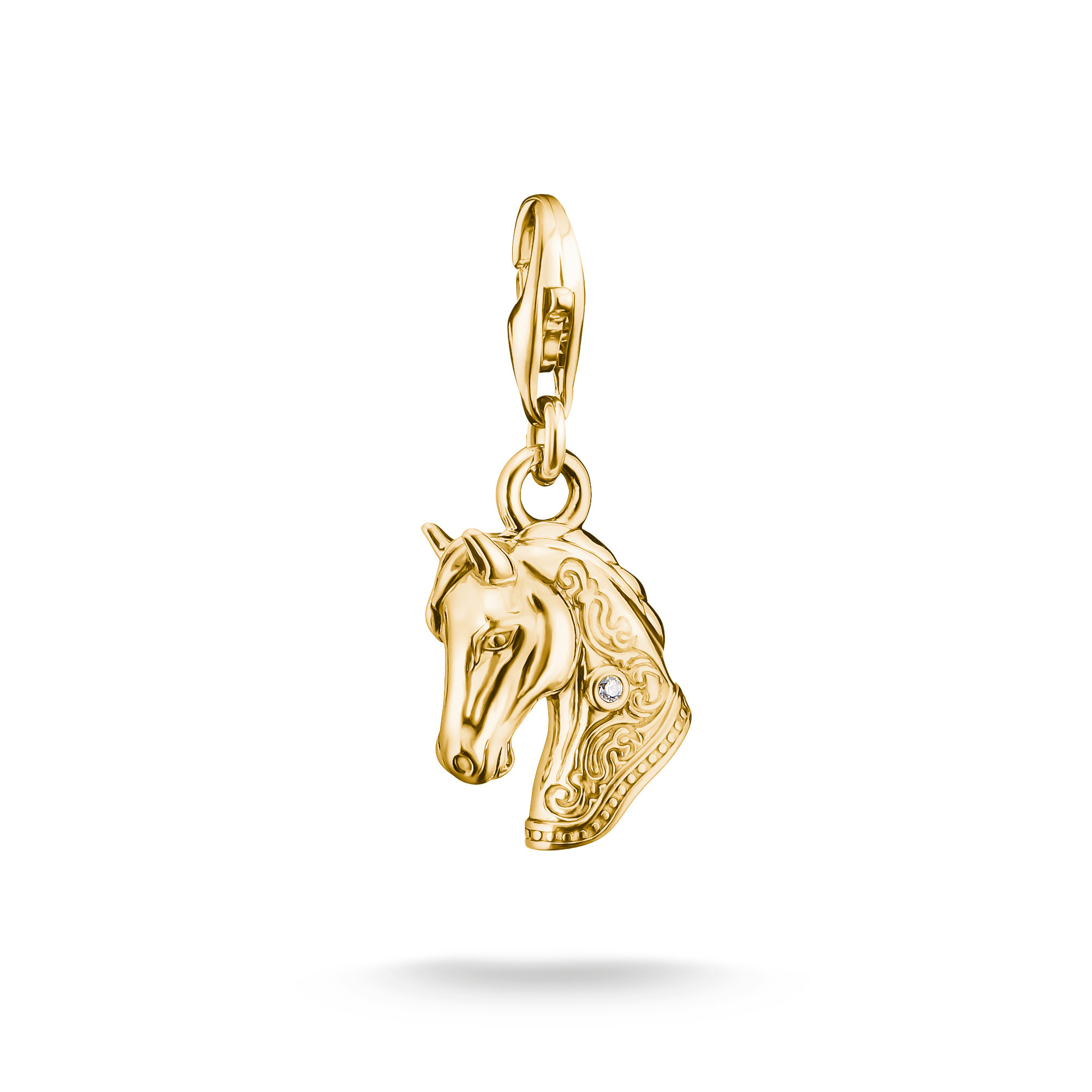 Charm in Form eines Pferdekopfes aus 18k Gelbgold Vergoldung, verziert mit Zirkonia, ideal als Schmuckstück oder Geschenk, Hersteller Thomas Sabo, Neuheiten.