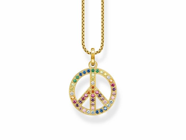 Thomas Sabo Kette in Silber vergoldet mit bunter Peace-Zeichen-Anhängern, besetzt mit Glas-Keramik Steinen, Länge 50 bis 55 cm. Ideal für einen stilvollen Look.