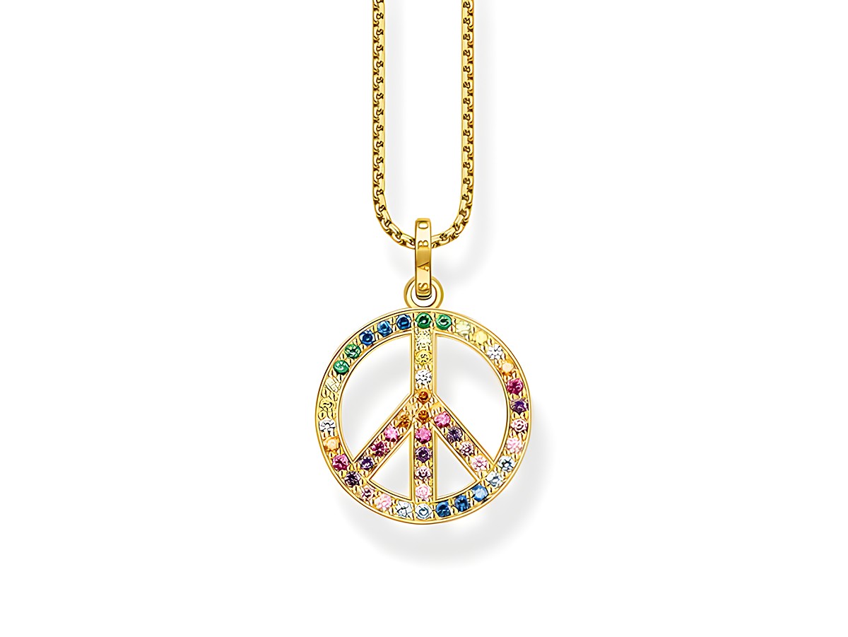 Thomas Sabo Kette in Silber vergoldet mit bunter Peace-Zeichen-Anhängern, besetzt mit Glas-Keramik Steinen, Länge 50 bis 55 cm. Ideal für einen stilvollen Look.