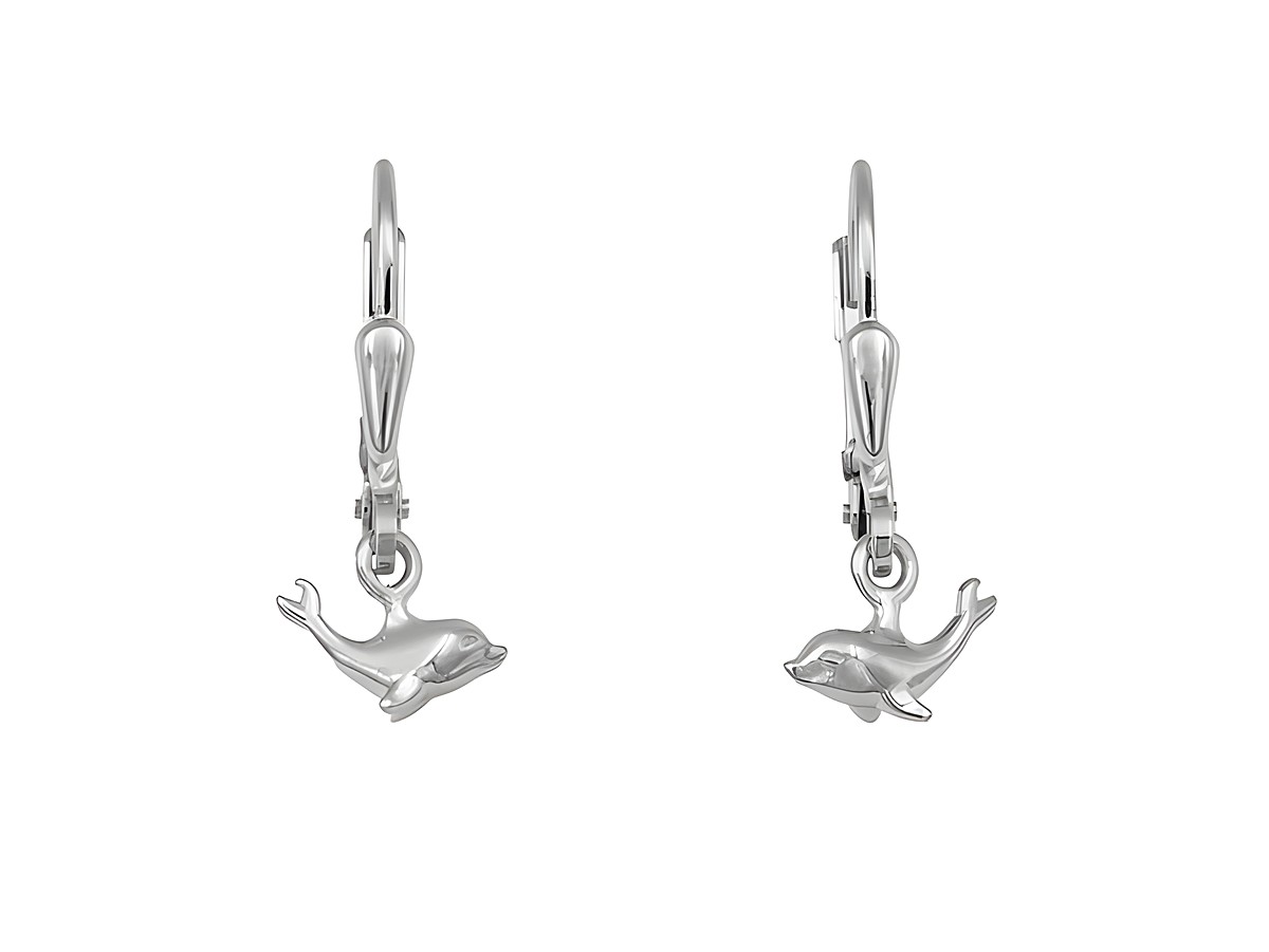 Ohrringe Ohrhänger Delfin aus Sterling Silber rhodiniert von Juwelier Harnisch, für Kinder, mit niedlichem Delfinmotiv, ideal für kleine Tierliebhaber.
