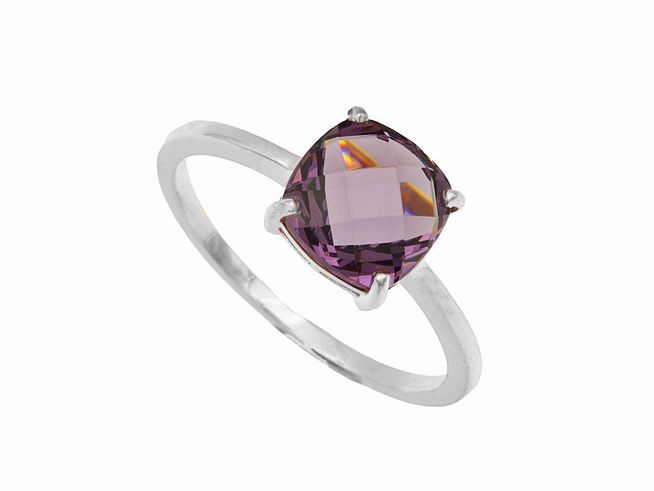 Violetter Ring mit Kissenschliff aus rhodiniertem Sterling Silber in Größe 58, gefertigt von Juwelier Harnisch, elegantes Design mit auffälligem Stein.