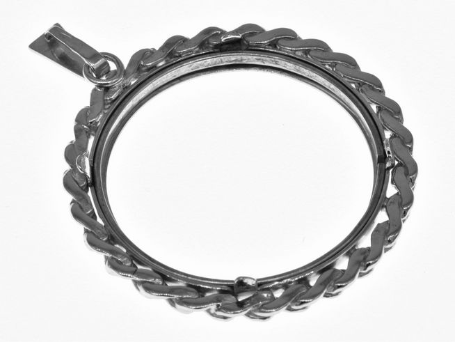 Münzfassung Anhänger im Panzermuster aus echtem Silber, Durchmesser 27,4 mm, passend für Münzen bis 3,0 cm, hergestellt von Juwelier Harnisch.