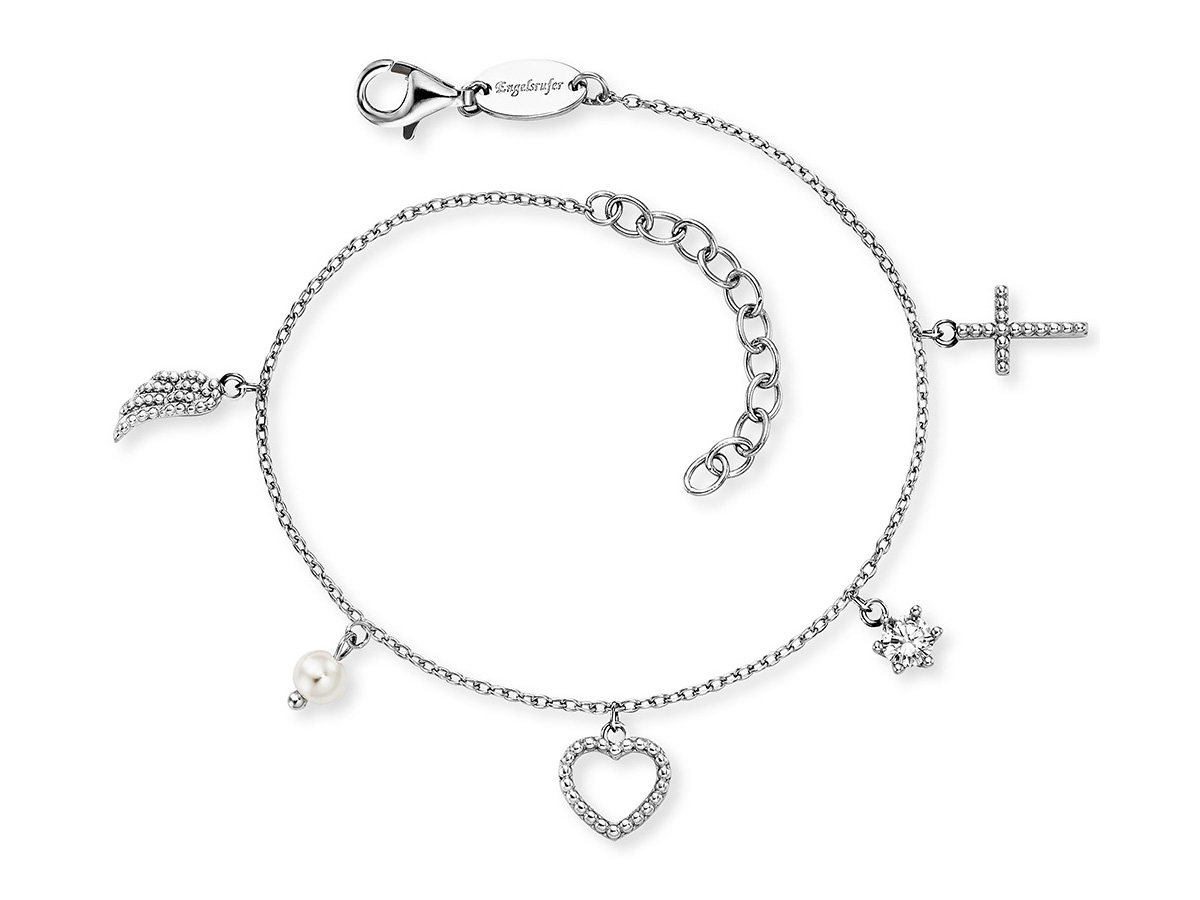 Silbernes Armband von Engelsrufer mit Zirkonia, verziert mit Anhängern in Form von Flügel, Kreuz, Herz, Perle und Schneeflocke, verstellbar von 17 bis 20 cm.