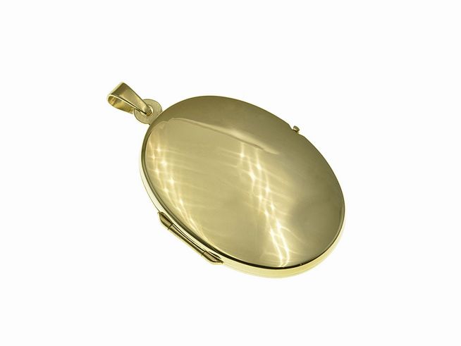 Gold Medaillon oval schlicht elegant Gold 333, Hersteller Juwelier Harnisch, mit glänzender Oberfläche und feinem Anhänger, ideal für besondere Erinnerungen.