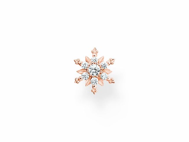 Ohrstecker von Thomas Sabo in Form einer Schneeflocke, aus vergoldetem Roségold und besetzt mit Zirkonia, Einzelstück, elegant und funkelnd.