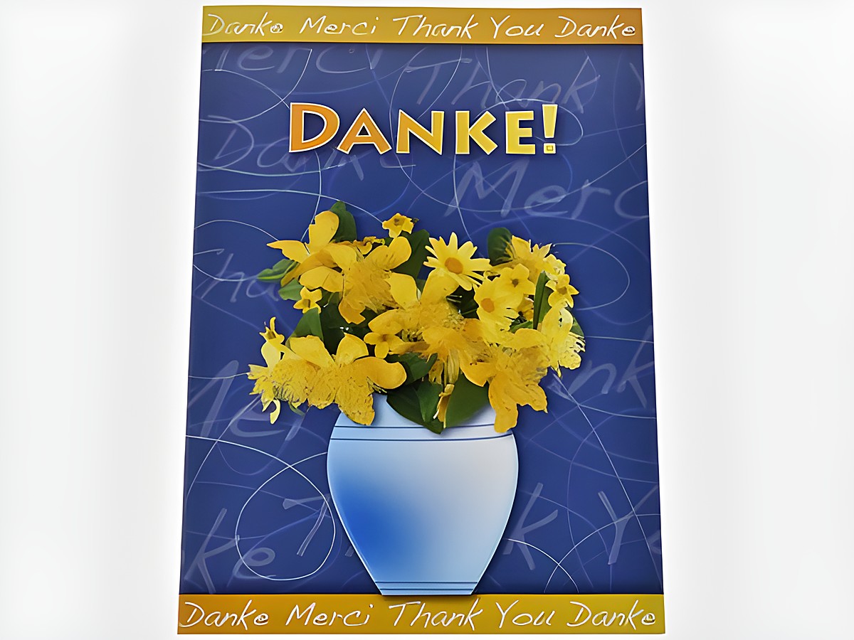 Dankeskarten mit der Aufschrift Danke und einem bunten Strauß gelber Blumen in einer blauen Vase, hergestellt von Juwelier Harnisch, in einem ansprechenden Design.
